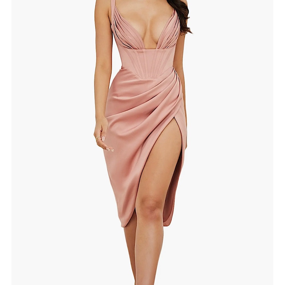 House of CB: Faye Satin Pleated - Rose Pink Midi Corset Dress